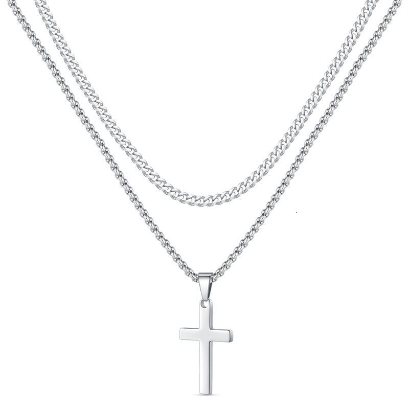 Real Men's Stainless Steel Necklace Cuban Chain Black Sier Gold Layered Cross Pendant
