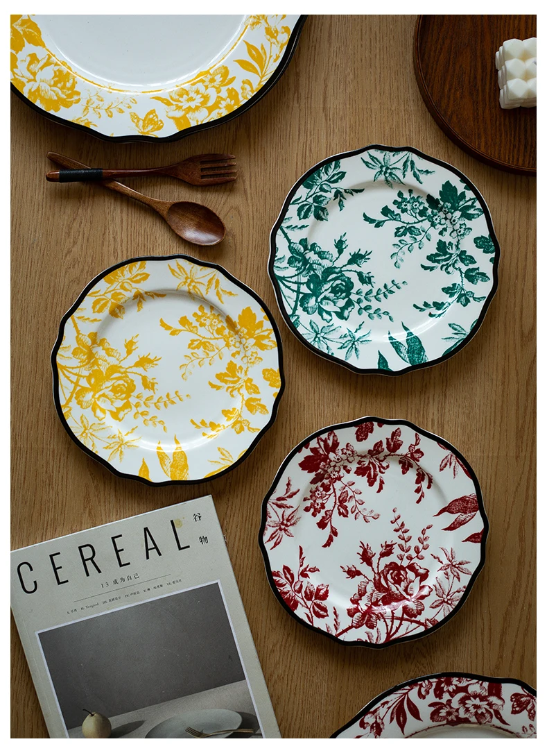 European Bone China Leaf Printing Retro Floral Ceramic Steak Plate Cold Dish Inventory Heart Afternoon Tea Tray Premium 123