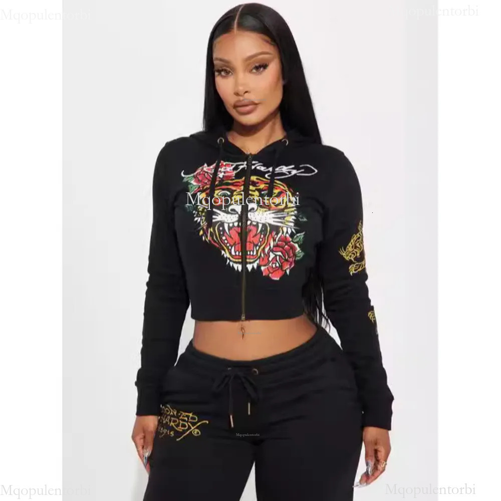 Ed Hardytracksuit Women Tracksuits Two Piece Set autumn winter Outfits Strapless Casual Printed Pants Y2k Straight Trousers Street Zipper Hooded luxury set 4ee
