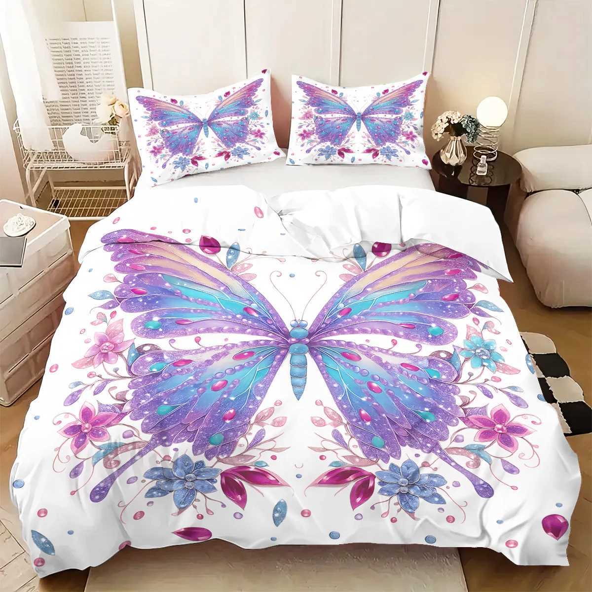 3pcs pink floral butterfly pattern duvet cover set 1 duvet cover2 cases coreless Soft and comfortable bedding setM251118