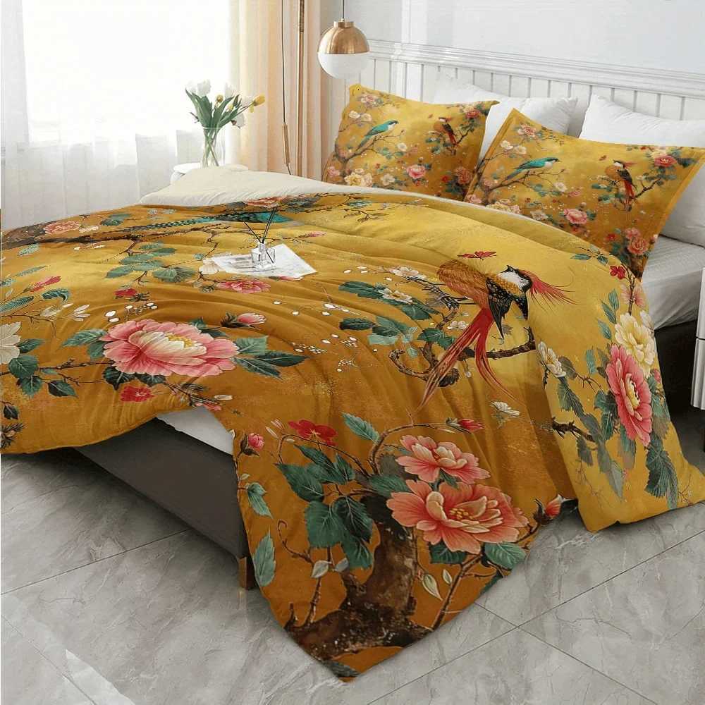 3pcs Two Birds Dancing with Flowers Pattern Digital Print Quilt Set - Includes 1 Quilt Cover and 2 Cover without FillerM251118