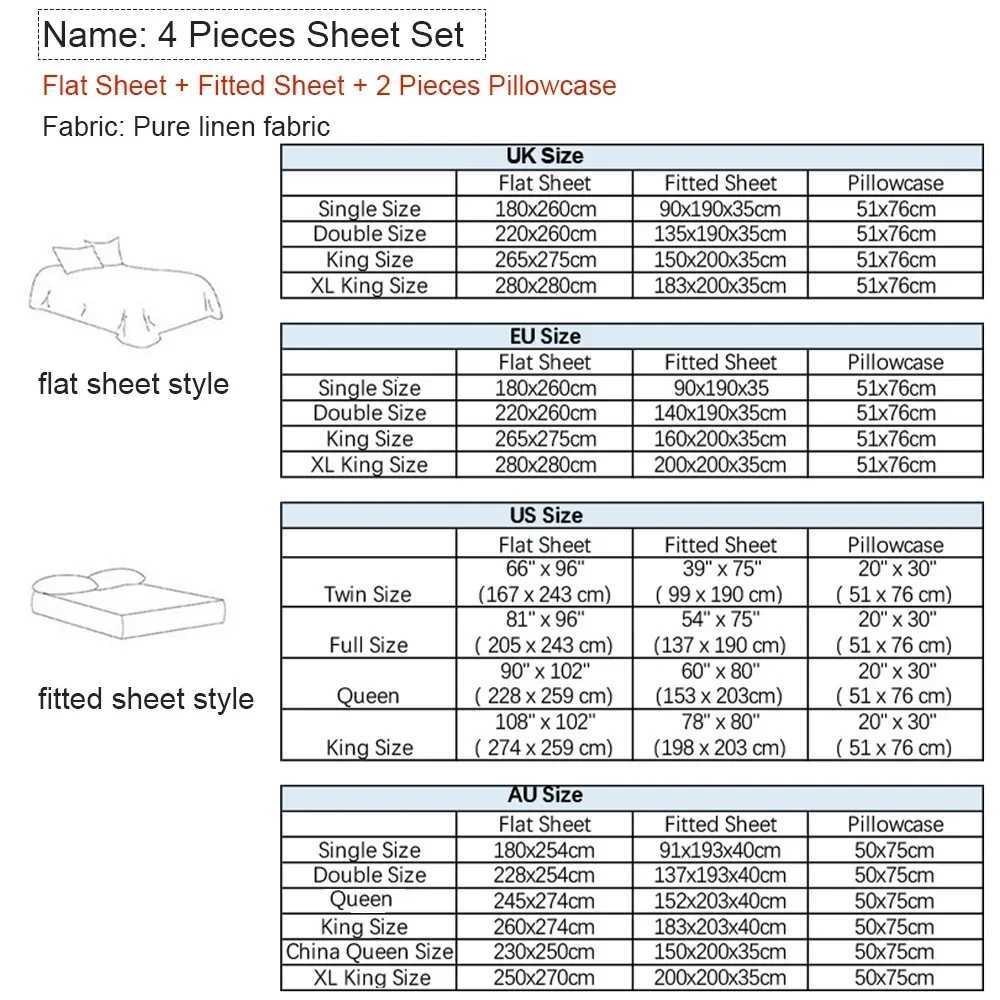 Bed Sheet Set 4 Piece 100 Pure Linen Bedding 1 Flat Sheet 1 Deep Pocket Fitted Sheet 2 cases Flax Sheets Set Bedding SetM251118