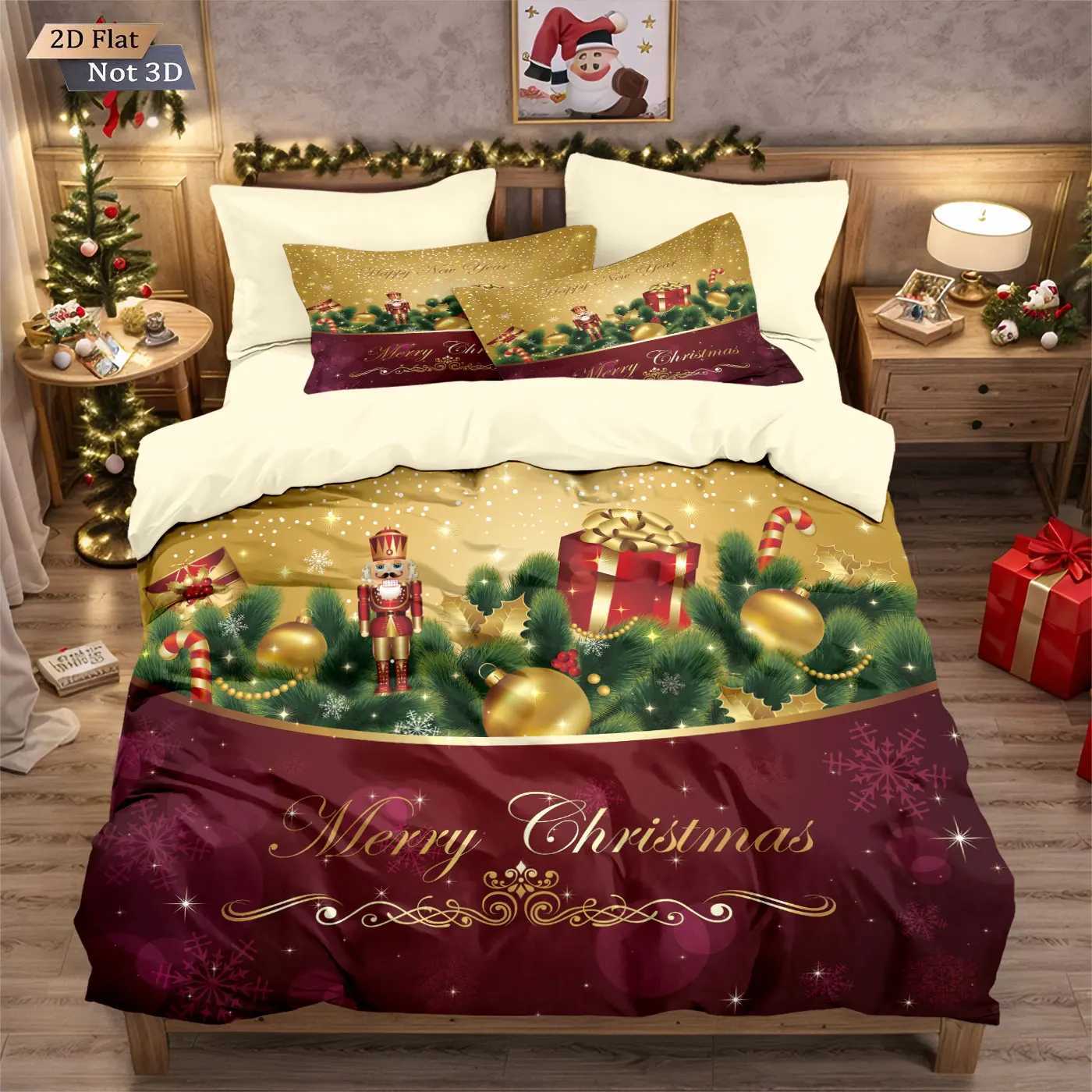 3pcs Christmas Gift Wreath Printed Core Free Bedding Set Soft and Comfortable Dormitory Bedroom Multiple Sizes Machine WashableM251118