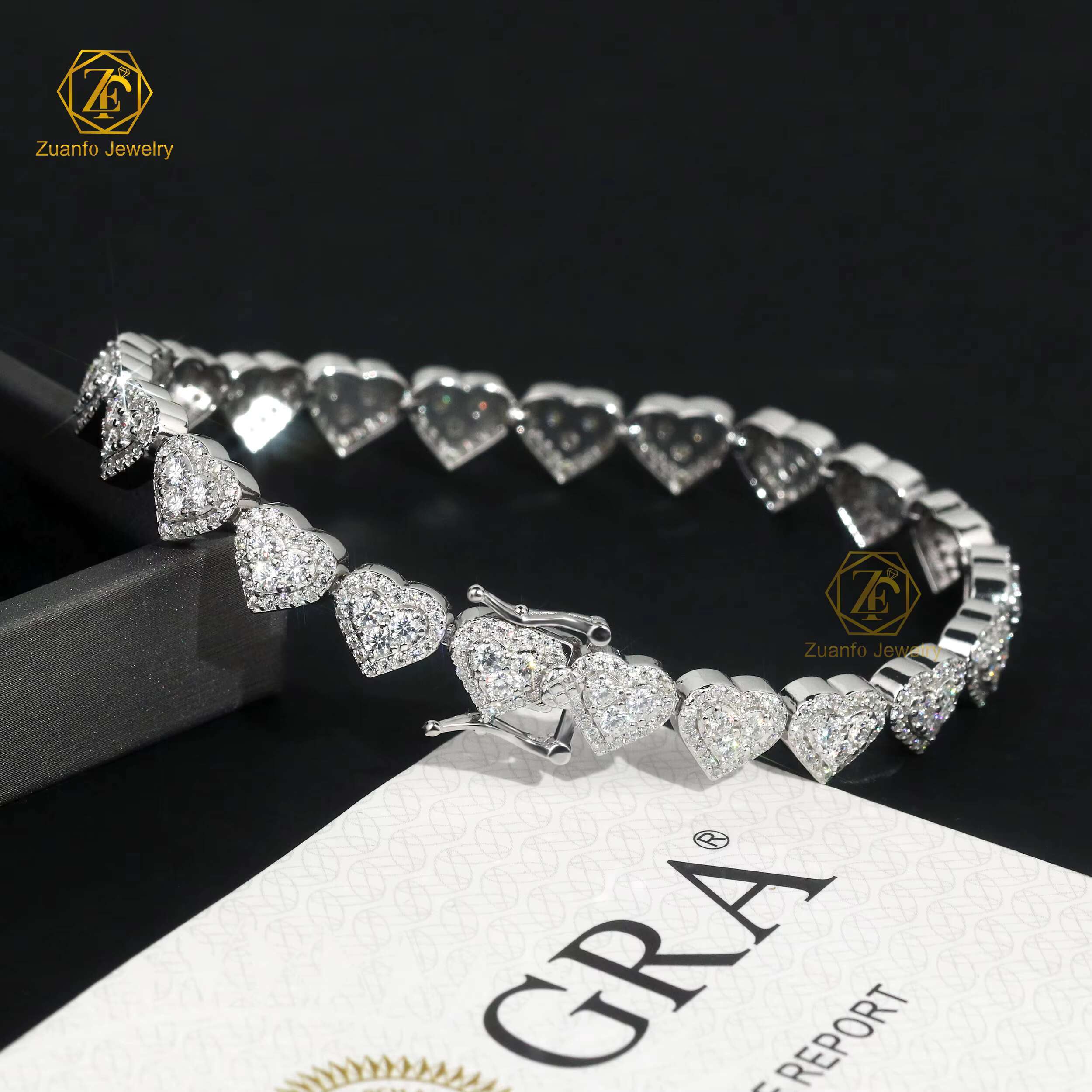 Womens Custom 925 Sterling Silver Heart Design Hip Hop Iced Cuban Link Bracelet VVS Moissanite Diamond Fine Jewelry Bracelet