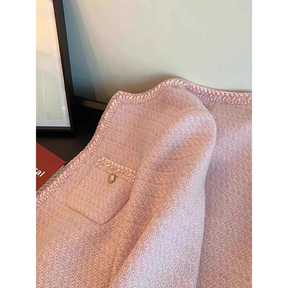 Designer Clothes Single Breasted Elegant Cropped Coat Korean Fashion O-Neck Short Outerwear Autumn And Winter New Pink Sweet Tweed Jacket Women