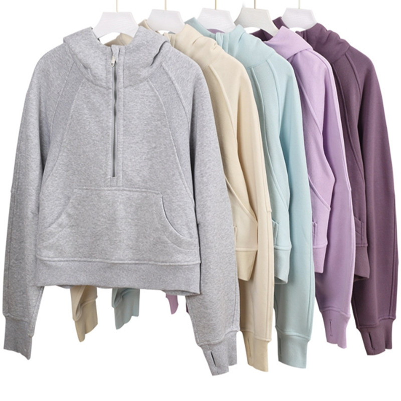 Women's yoga half zip hooded sweatshirt wool jacket designer short sports jacket fitness sweatshirt top solid color sports fitness suit