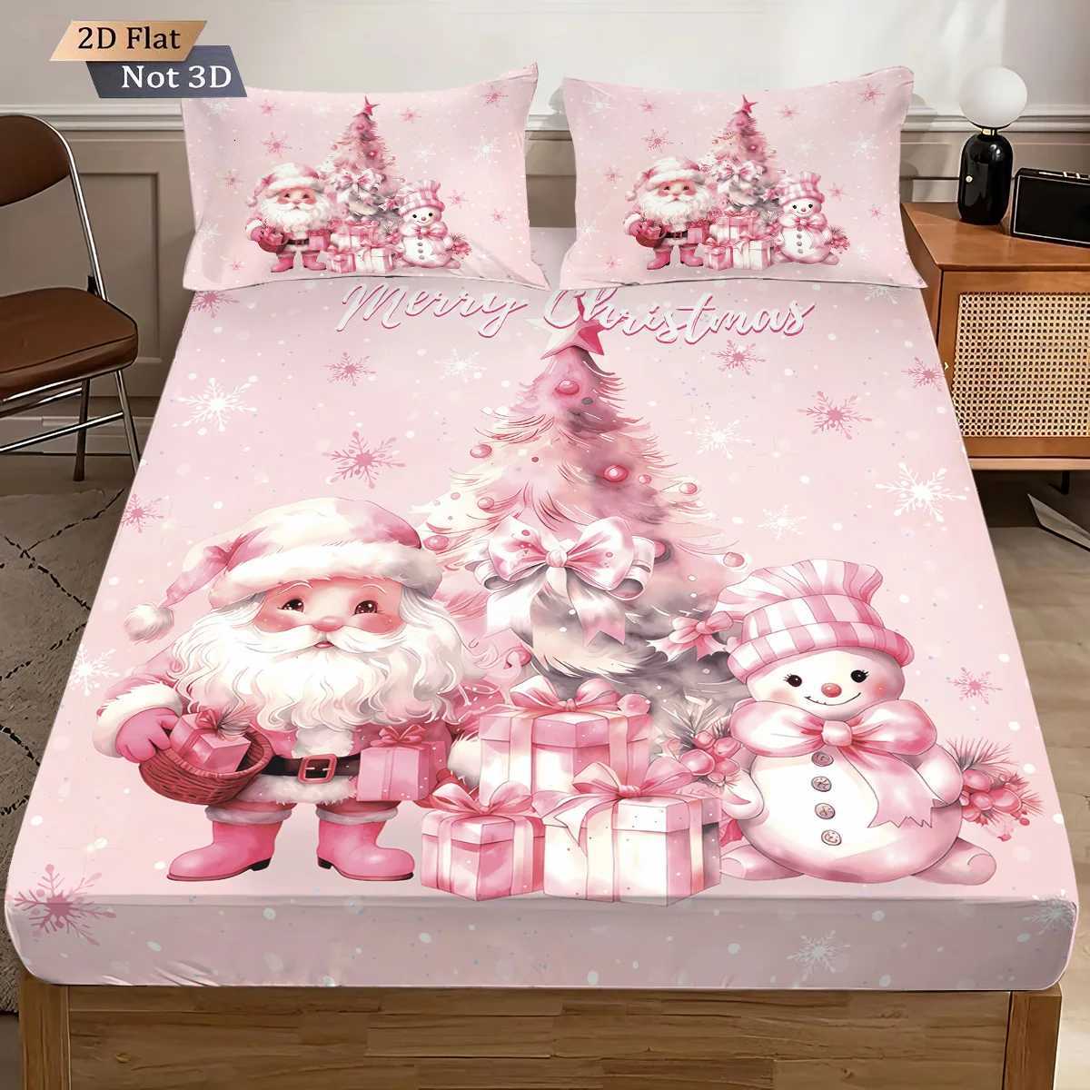 3pcs pink Christmas snowman print coreless bed sheet set multiple sizes bed covers bedroom bedding decorations machine washableM251118