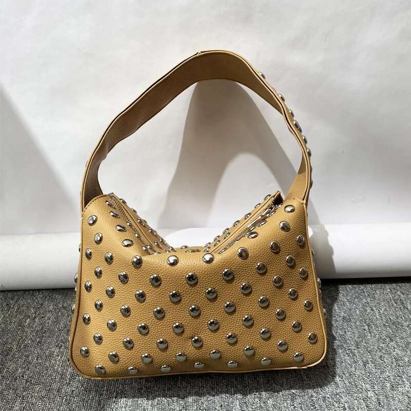 Designer Rivet Design Armpit Bag High Quality Cool Pu Leather Motorcycle Style Handbag With Wide Shoulder Strap