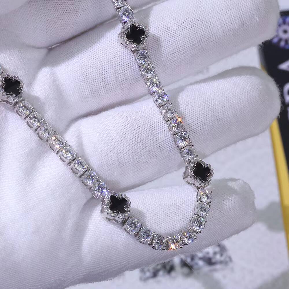 Laboratory cultivation 4mm Iced Out VVS Moissanite Tennis Chain 925 Silver Necklace Black Four Leaf Clover Hip Hop Jewelry Gift