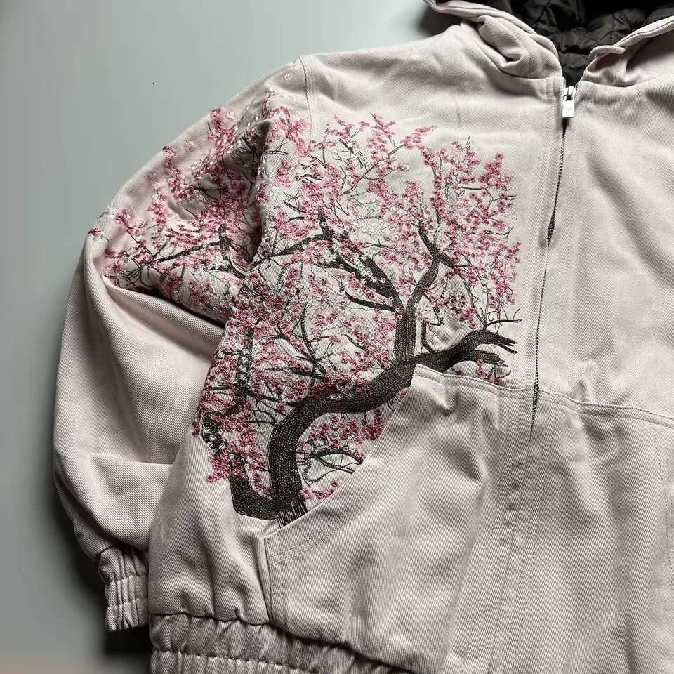 Fashion Cherry Blossom Hooded Jacket Women Man Quilted Lining Pink Zip Up Streetwear Japanese Sakura Print Casual Coat Fashion X251118