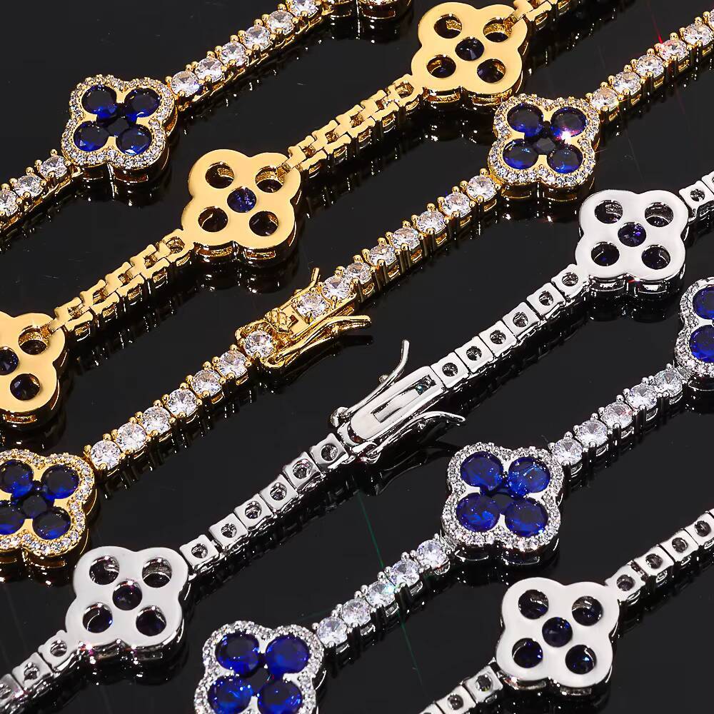 Laboratory cultivation of Moissanite Iced Out CZ Tennis Chain Blue Cubic Zirconia Four Leaf Clover Chain Bracelet Women Hip Hop Fine Jewelry