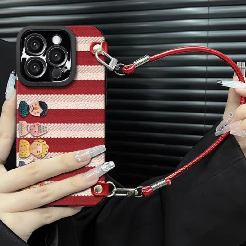 Striped 3D Doll Phone Case Compatible iPhone 16/15 Pro Max New Model with Lanyard Full Coverage Shockproof Protective Case