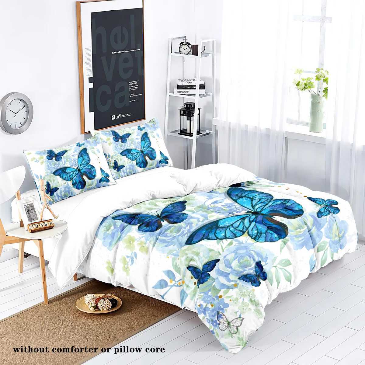 3-piece down duvet cover set with blue butterfly rose pattern print 1 duvet cover2 cases no core bedding setM251118