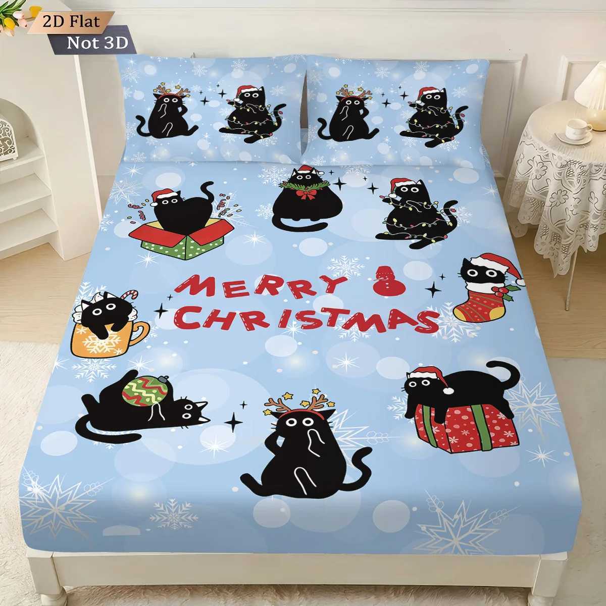 3pcs Christmas cat print coreless bed sheet set multiple size bedcover bedroom bedding holiday decorations soft machine washableM251118