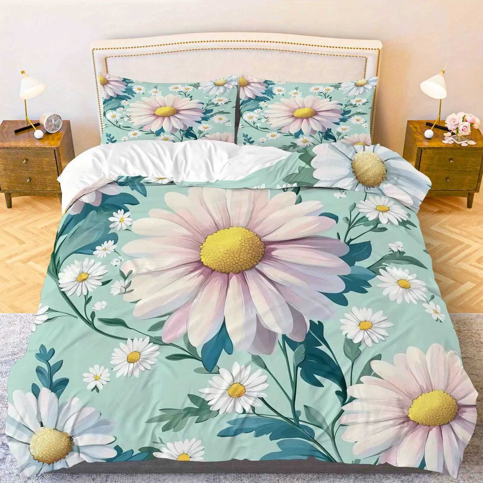 3pcs Duvet Cover Set Daisy Flower Floral Botanical Fresh Nature Theme Bedding Set Suitable for Decoration Bedroom Living RoomM251118
