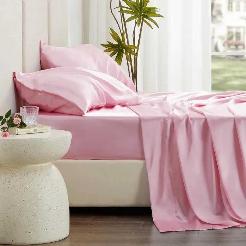 4 Piece Pink Silky Satin Bed Sheets Queen Set with Deep PocketM251118
