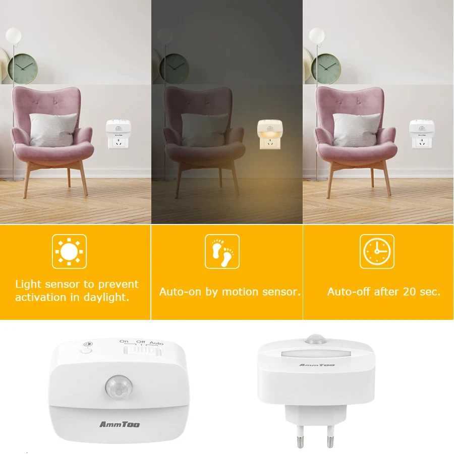 LED Night Light Motion Sensor Light 220V EU Plug In Smart Motion Sensor Light Warm and White Light Dual Color Night Lamp M251118