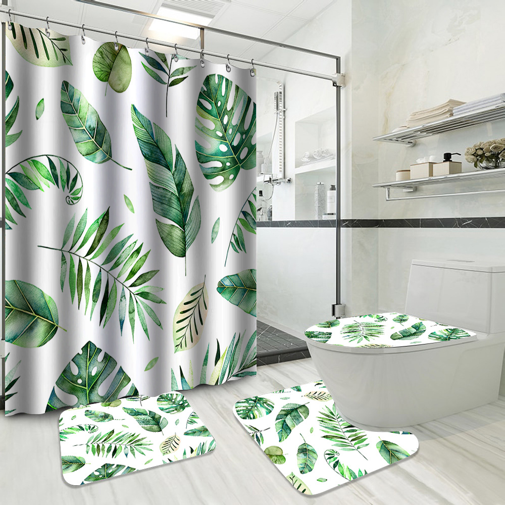 YL-37743 Hot Selling Shower Curtain 4-Piece Set, Green Plant Series, Waterproof and Mildew-Proof Shower Curtain, No Drilling Required