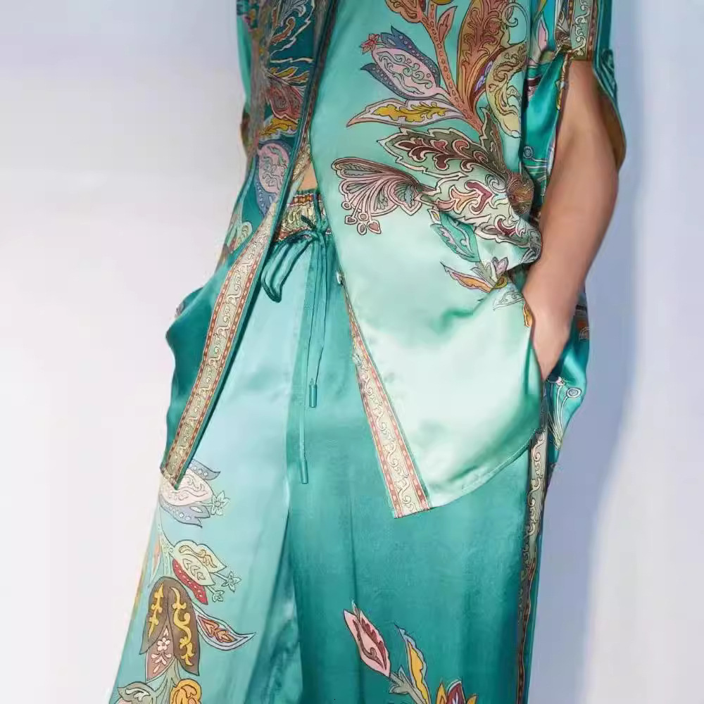 Women Two Piece Wid Let Pants Suit New Printed Satin Short Sleeve Collar Shirt and Pants Casual Set