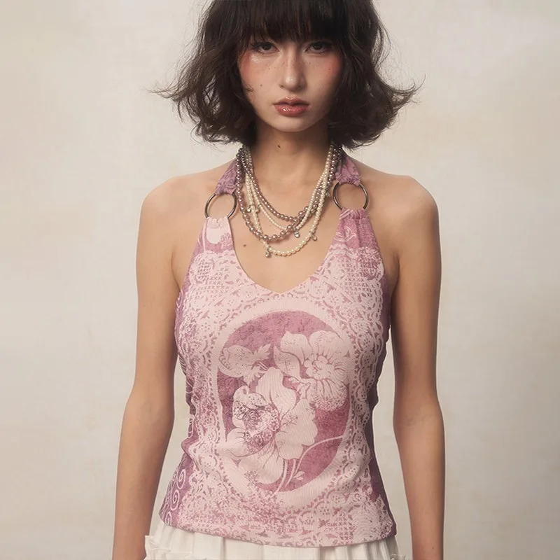 Karrcat Japanese Y2k Halter Tops Grunge Aesthetics Purple Tank Top Vintage Harajuku Flower Print Camisole Backless 2000s Retro 250410