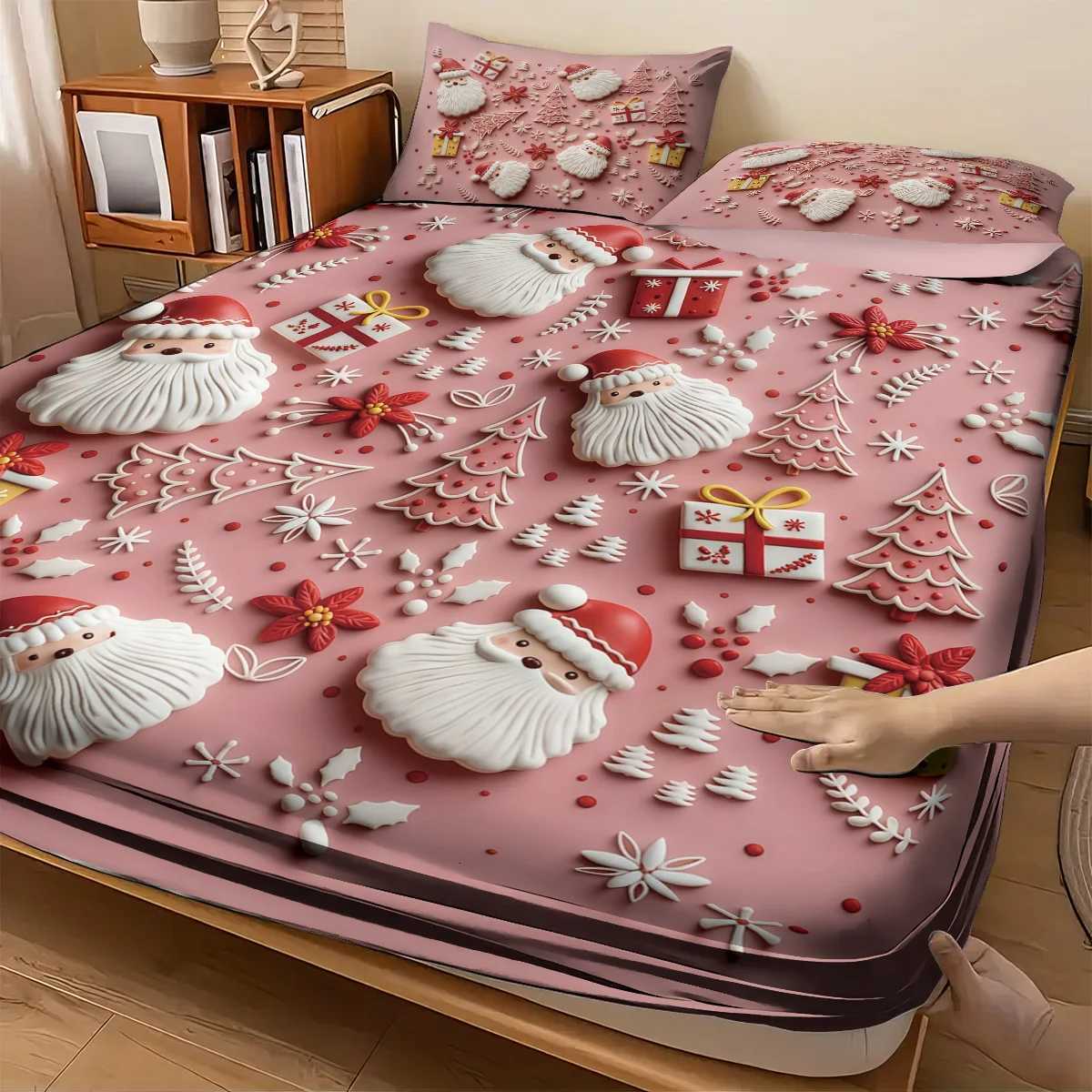 3pcs Pink Santa Claus Printed Chipless Bed Sheet Set Multi Size Soft Bed Cover Bedroom Bedding Decoration Machine WashableM251118