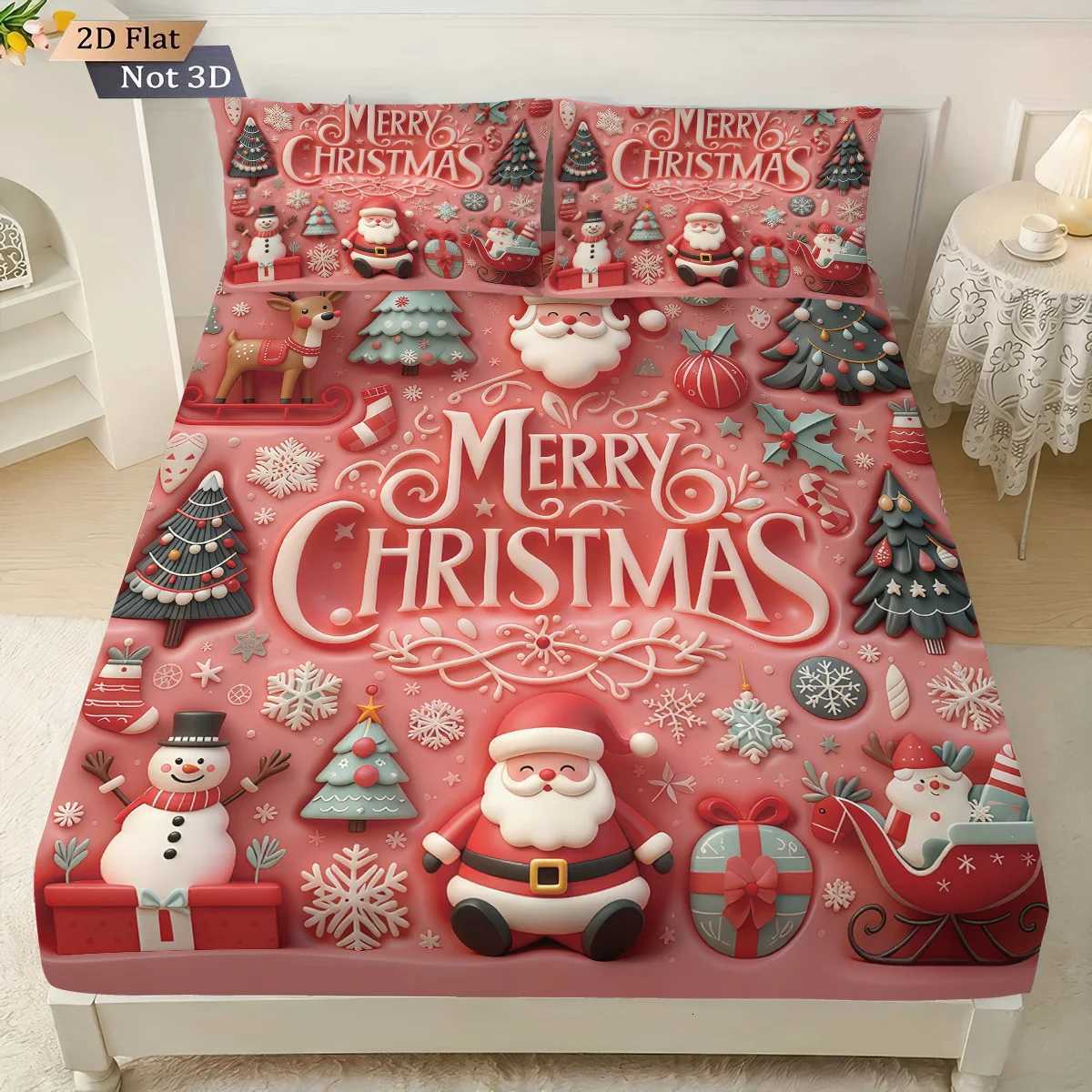 3pcs imitation pink Santa Claus print coreless bed sheet set MUltiple size bed cover bedroom bedding decorationM251118