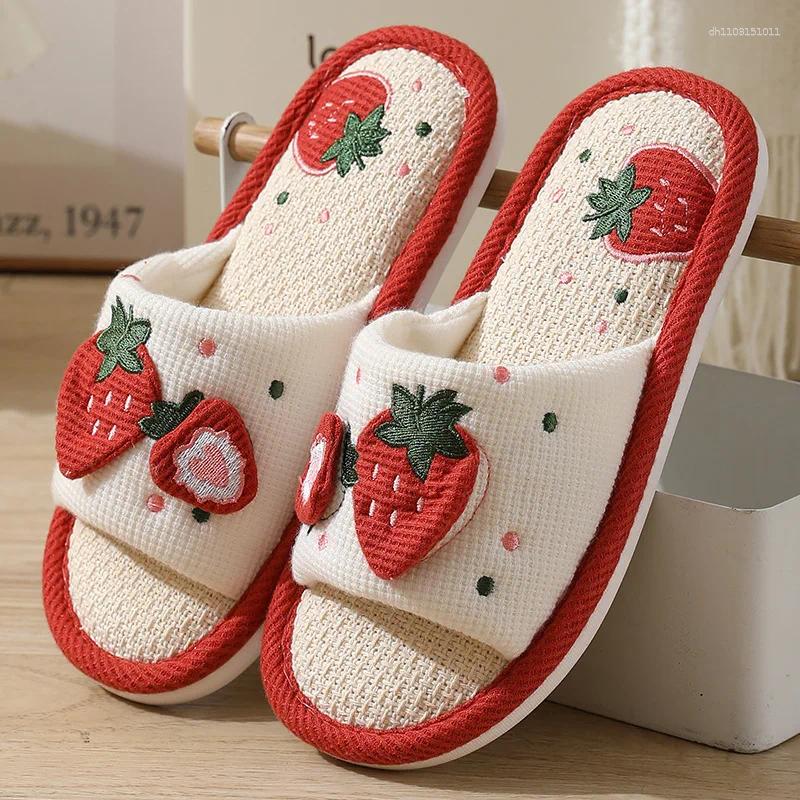 Slippers Fashion Soft Ladies Casual Cute Strawberry Pattern Comfortable Slip On Linen Home Bedroom Living Room Shoes For Women