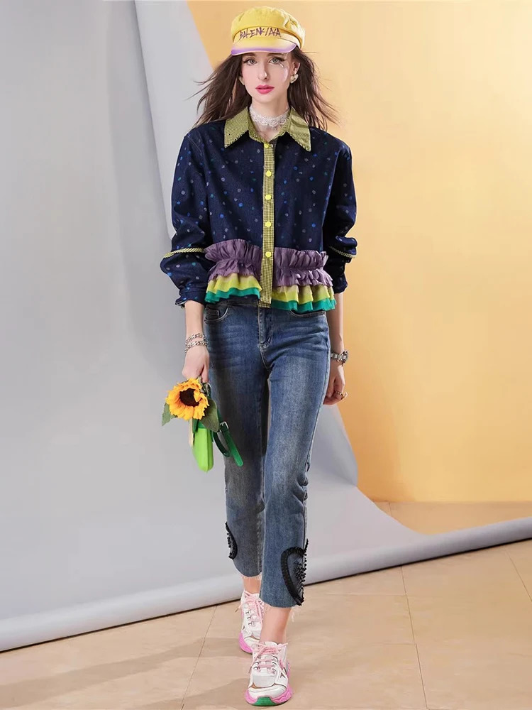 Womens Short Denim shirt Polka Dot Ruffle Patchwork Blouse Color Block Button-Up Long Sleeve Vintage Casual Streetwear 250417