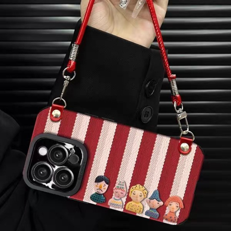 Striped 3D Doll Phone Case Compatible iPhone 16/15 Pro Max New Model with Lanyard Full Coverage Shockproof Protective Case