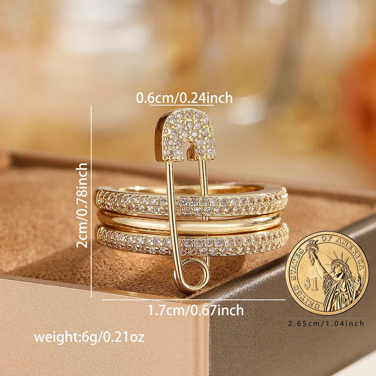 A Three-Ring Ring Fixed With A Paper Clip Made Of Copper And Inlaid With Zircon With A Unique Street Style 250415