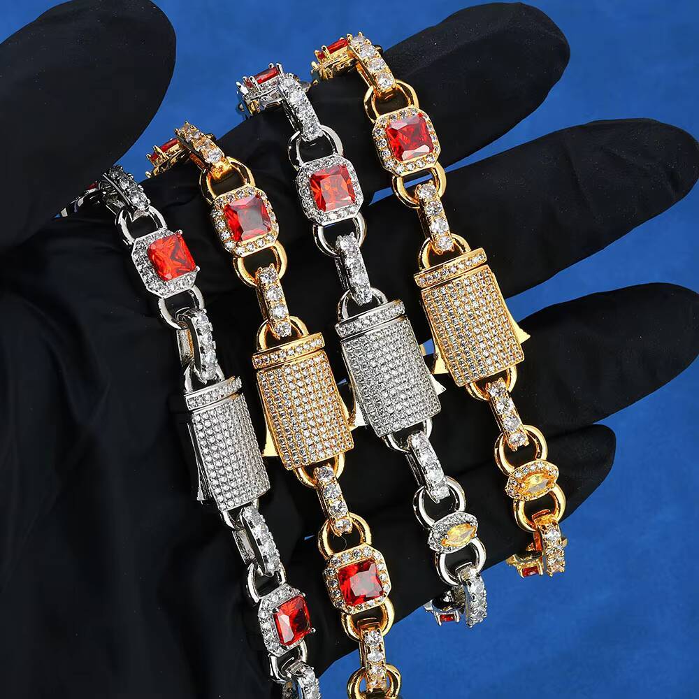 NUOYA Hip Hop New Style Link Chain 925 Silver VVS Moissanite Necklace 10MM Geometric Shape Design Red Zircon Women Jewelry