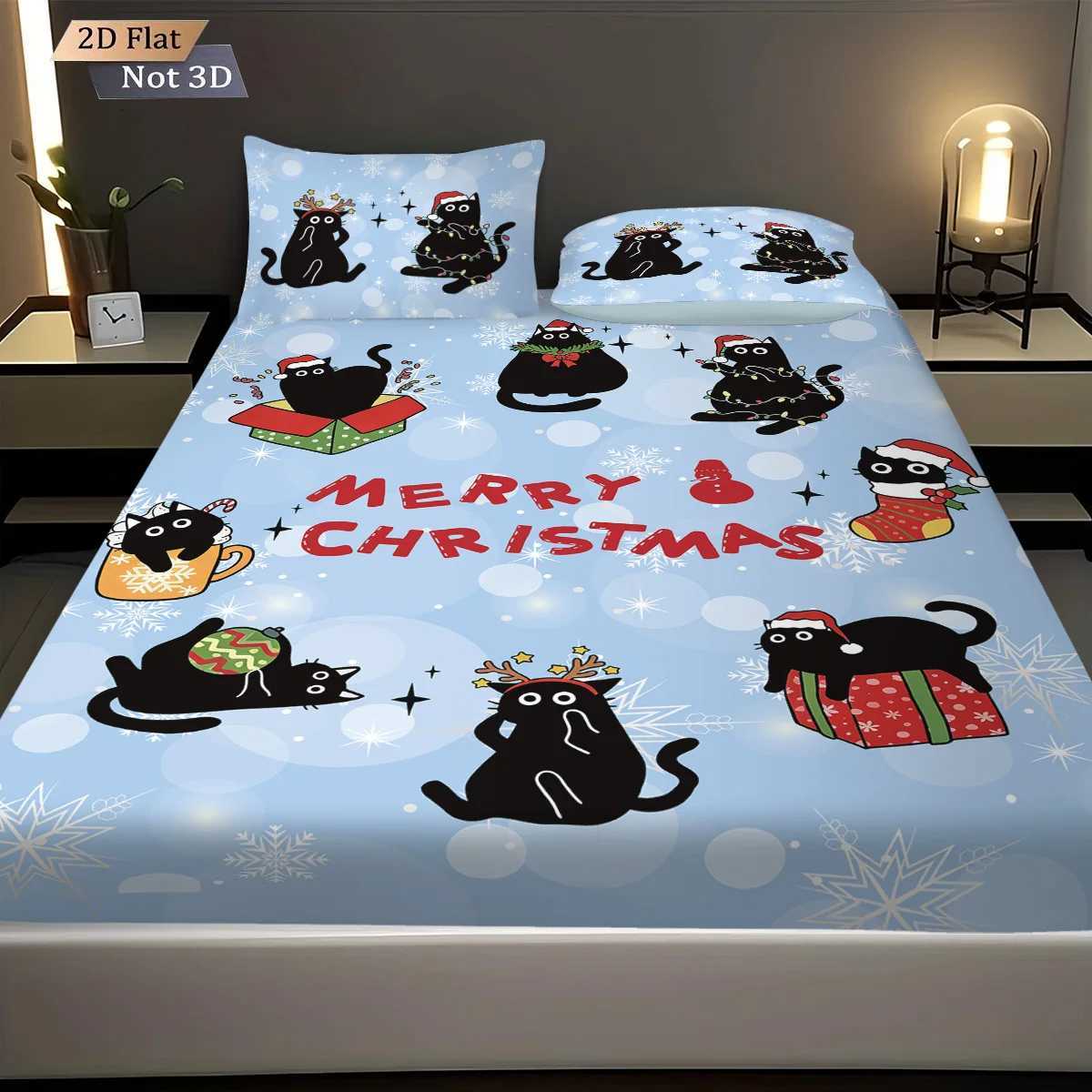 3pcs Christmas cat print coreless bed sheet set multiple size bedcover bedroom bedding holiday decorations soft machine washableM251118