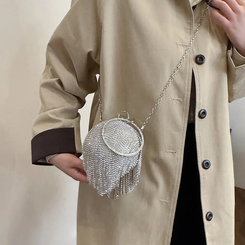 Fashion Tassel Circular Ball Bag Womens Handbag Glitter Diamond Evening Bag Wedding Party Clutch Purse Crossbody Bag 250417