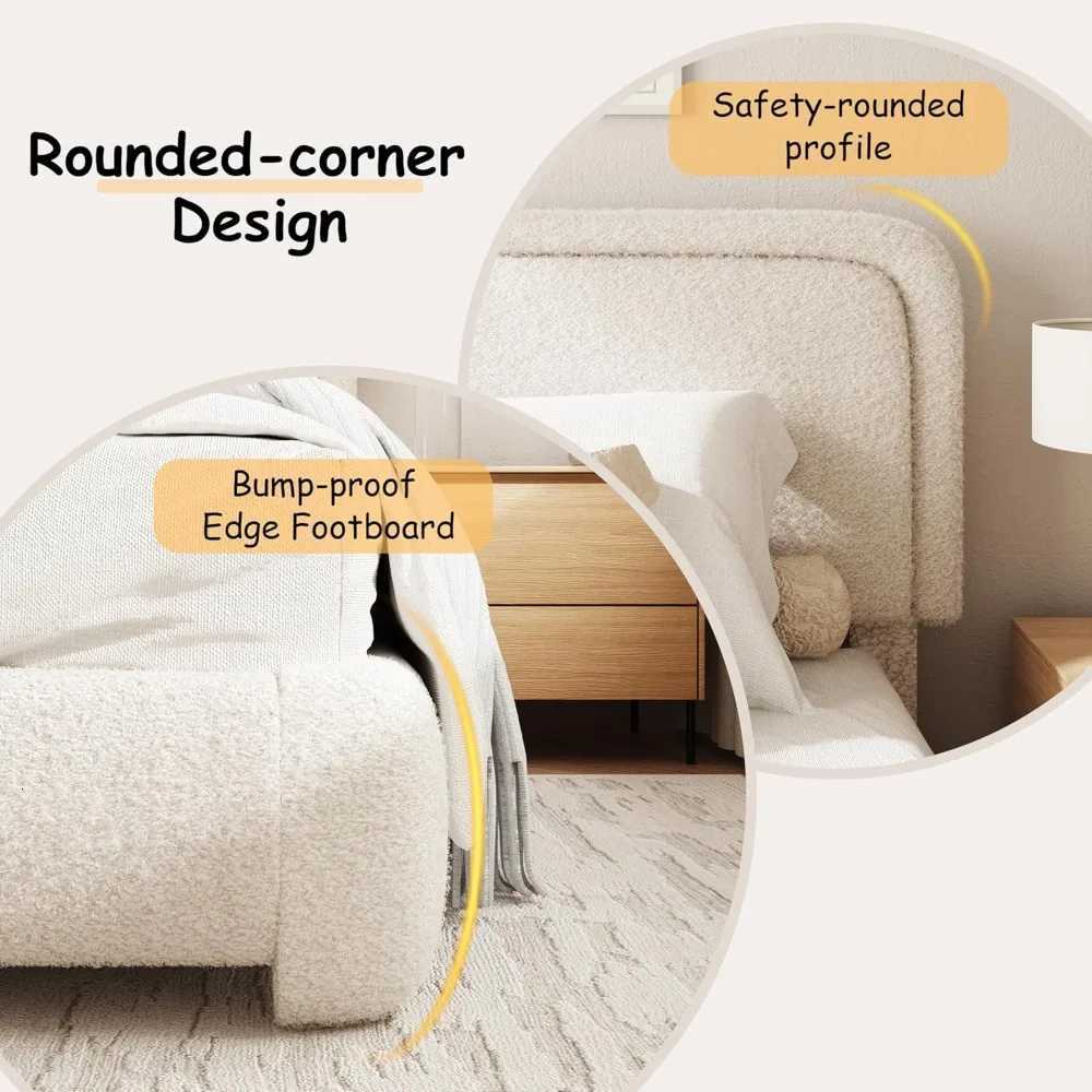 King Size Boucle Bed Frame Cloud Upholstered Platform Bed with Height Adjustable Headboard Soft Rounded CornersM251118