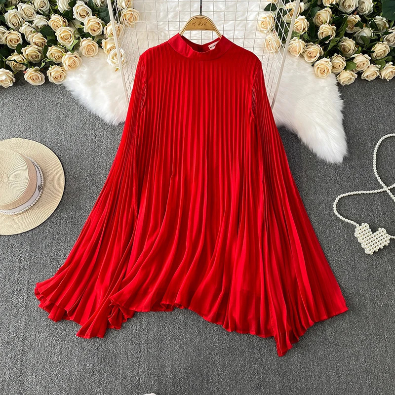 XFPV Fashionable Pleated Dress Women Casual Stand Collar Long Flare Sleeves Solid Color Big Umbrella Dresses Female 22D1140 250417