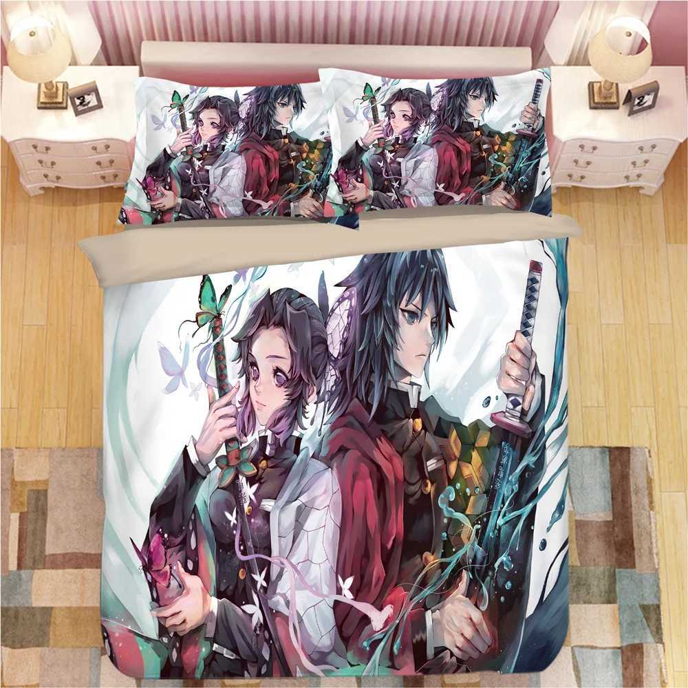 Demon Slayer Bedding Sets Cartoon Comforter Bed Linen Boys Kids Single Double Size Soft Bedclothes Home Decor Anime Duvet CoversM251118