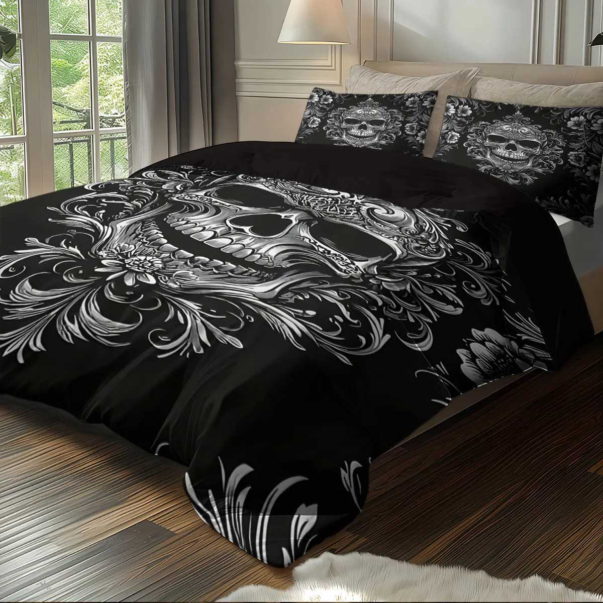 3PCS Black and White Skeleton Victorian Baroque Gothic Retro Duvet Set 1 Duvet Set2 cases without CoreM251118