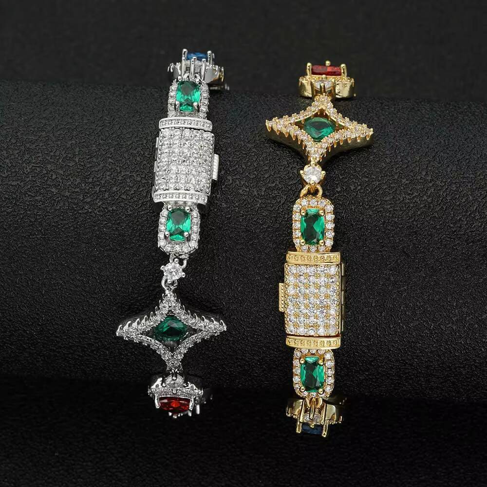 NUOYA Hip Hop Jewelry Womens Iced Diamond Star Chain Silver Plated Brass Chain Multicolor Zircon Cubic Gemstones Bracelet Gift