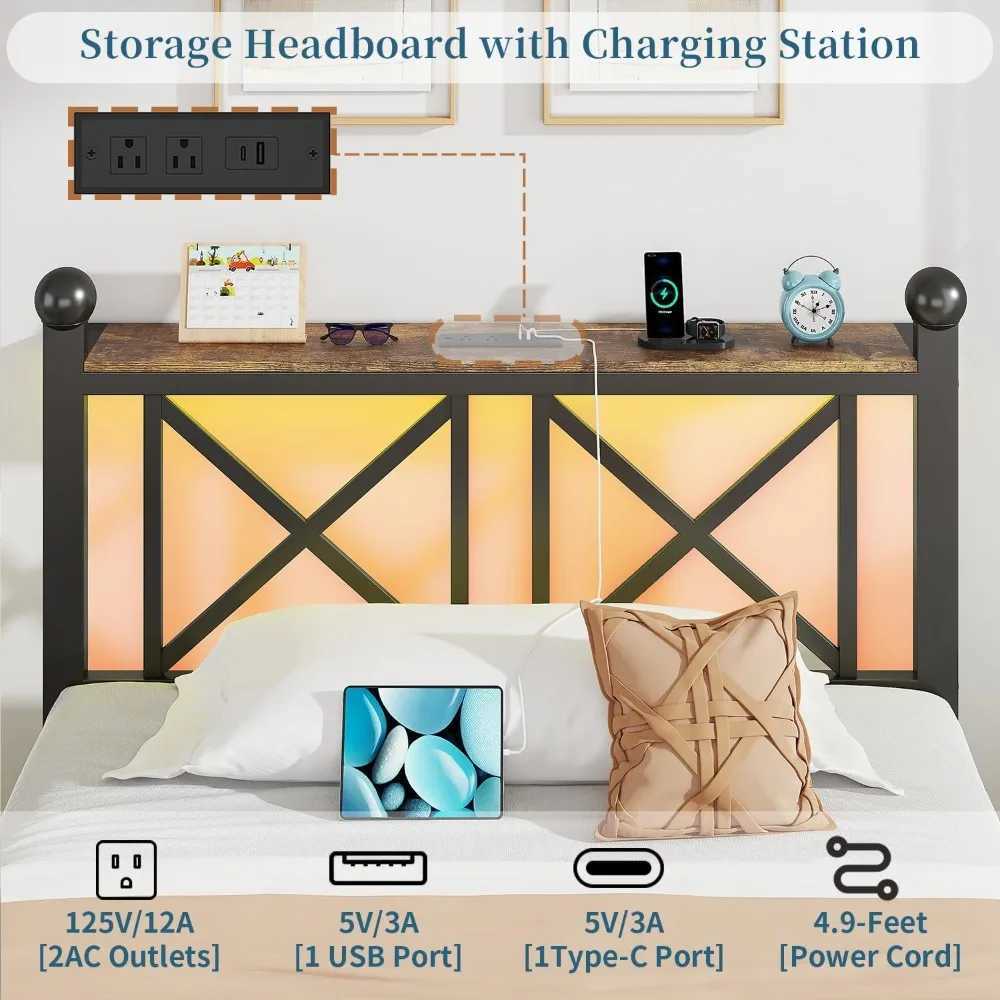 Bed Frame with LED Lights Heavy Duty Metal Bed with Headboard and Footboard Storage Shelf with Charging StationM251118