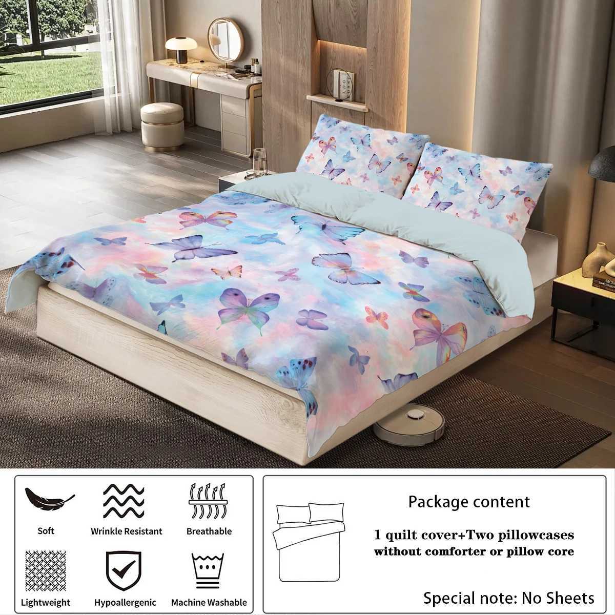3pcs watercolor purple butterfly printed bedding set soft and comfortable for women bedroom queen king and twin bedM251118