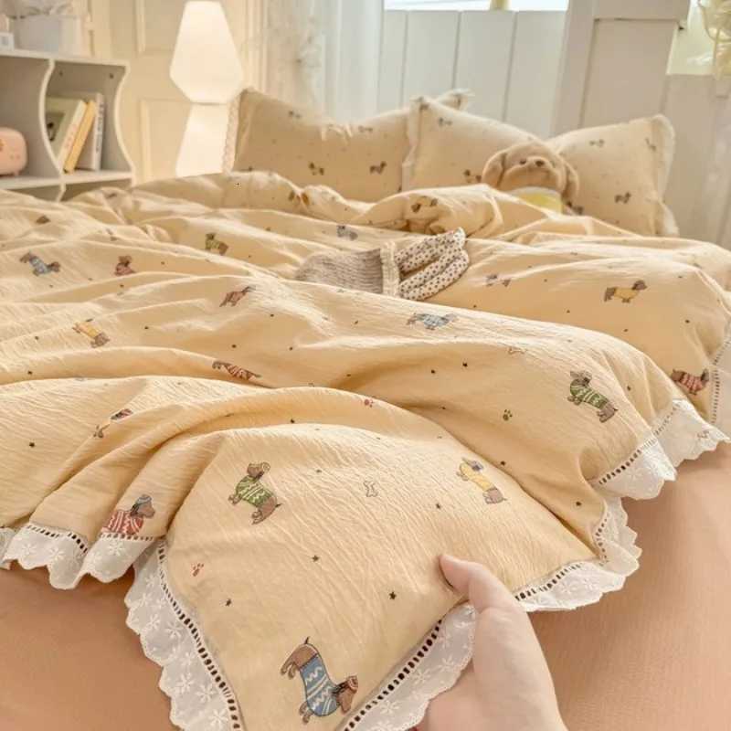 2025 new hollow lace wrinkled cotton four-piece set household student dormitory three-piece set bed sheet quilt coverM251118