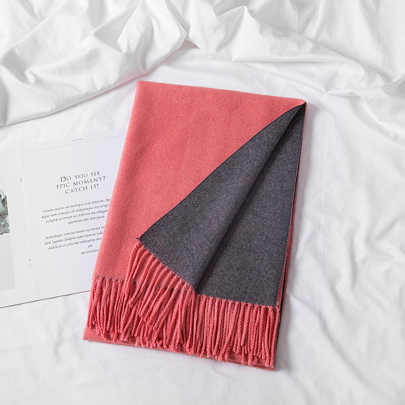 K427 New autumn and winter double-sided solid color imitation cashmere scarf thickened tassel ladies two-color warm shawl versatile neck scarf
