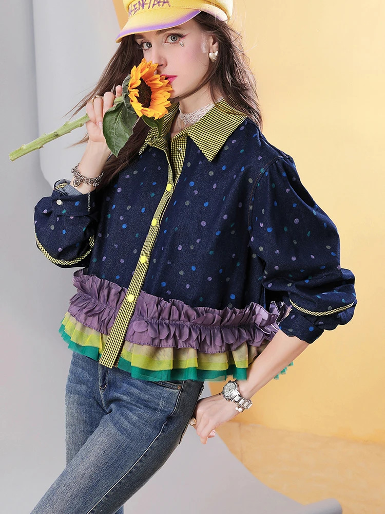 Womens Short Denim shirt Polka Dot Ruffle Patchwork Blouse Color Block Button-Up Long Sleeve Vintage Casual Streetwear 250417