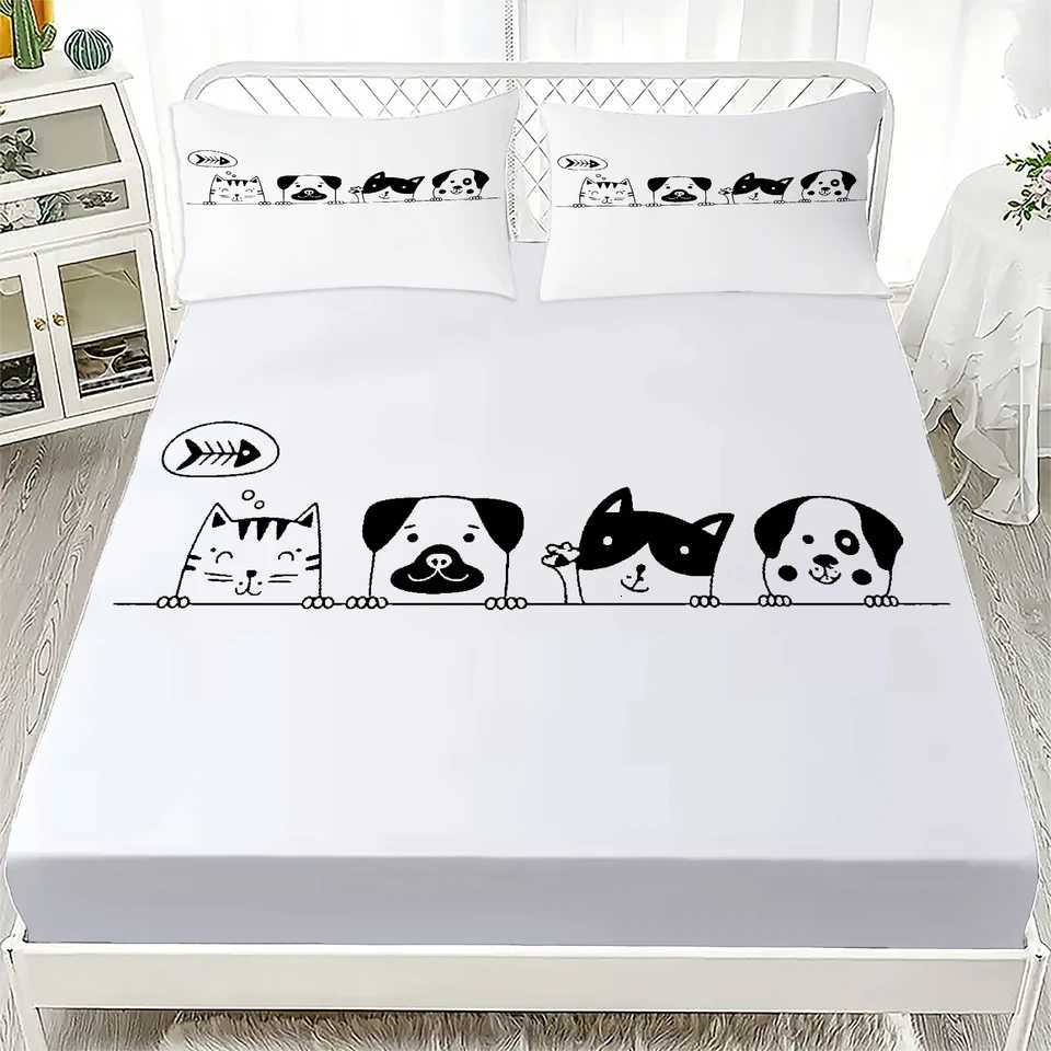 3pcs White Fitted Sheet Set Lovely Cartoon Cat Dog Print 100 Polyester Breathable Bedding Set for Home Decor with 2 casesM251118