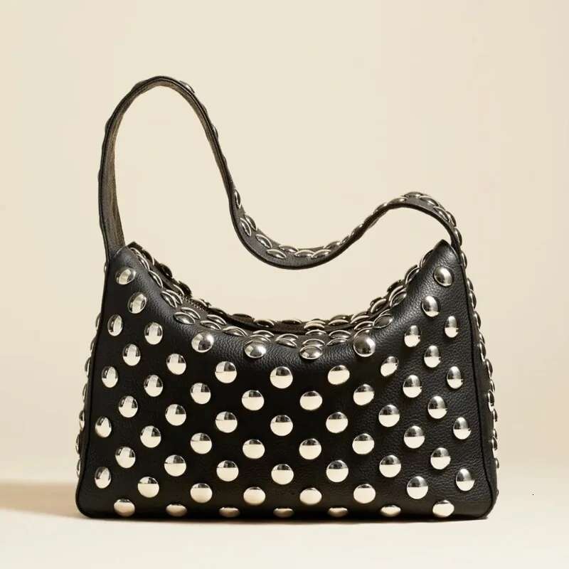 Designer Rivet Design Armpit Bag High Quality Cool Pu Leather Motorcycle Style Handbag With Wide Shoulder Strap