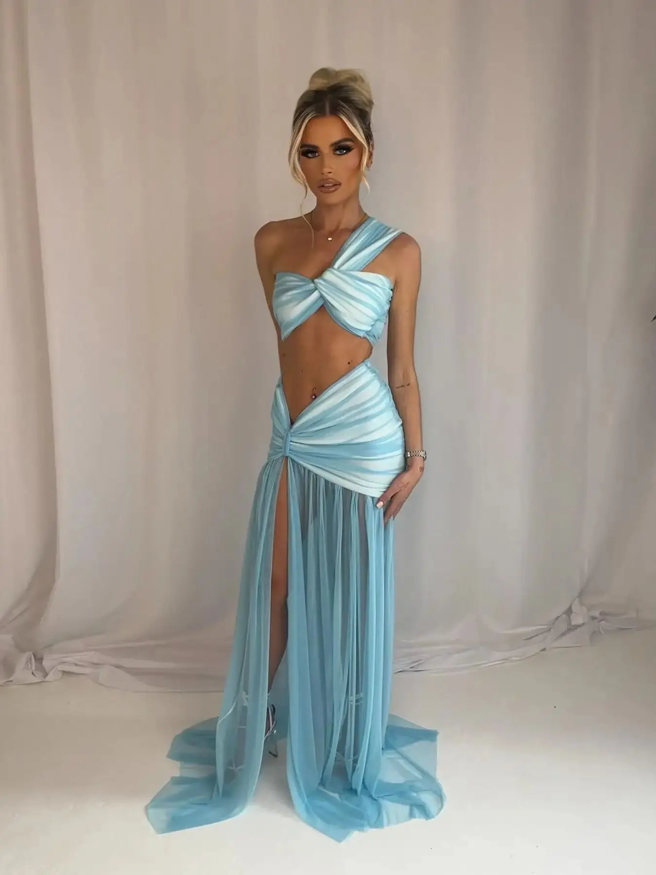 Women Two-piece Skirt Suit Bandage Top Skirt Sleeveless Sweet Waist Chic Slit Skirt Summer Mini Skirt 250417