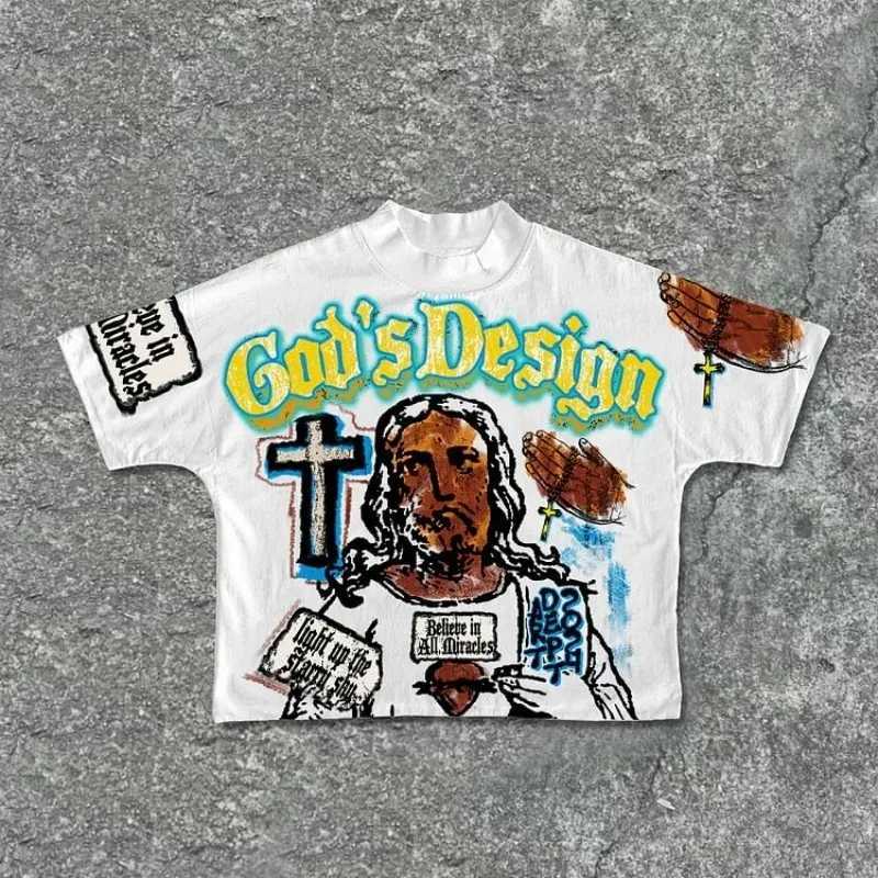 Y2K Round Neck Short Slves Harajuku Oversize T-shirt for Men New Vintage Graffiti Graphic Design Print Cropped Couple TopsC250418