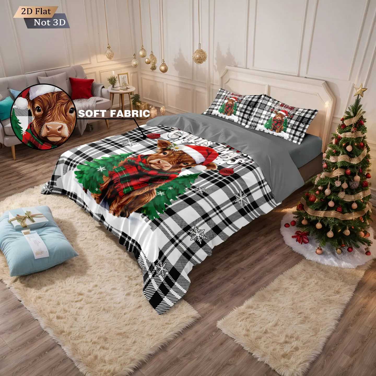3pcs checkered Christmas highland cow print coreless bedding set multi size bedroom duvet cover decoration machine washableM251118