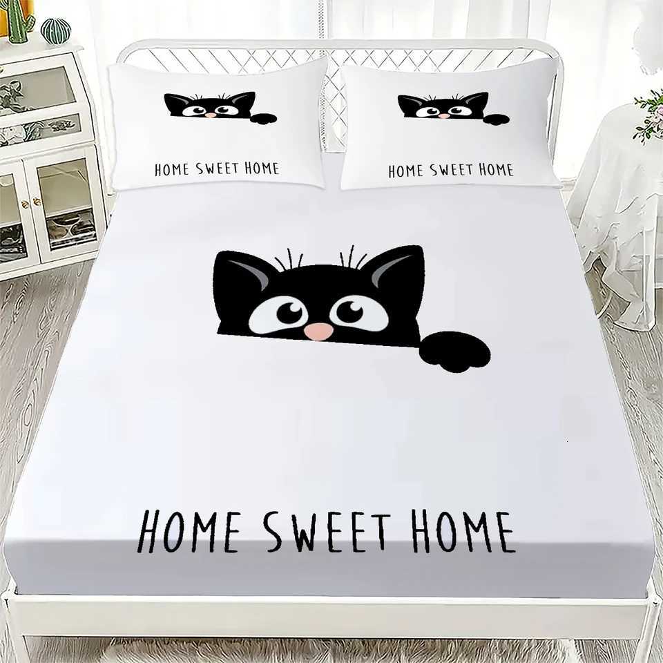 3pcs White Fitted Sheet Set Lovely Cartoon Cat Dog Print 100 Polyester Breathable Bedding Set for Home Decor with 2 casesM251118