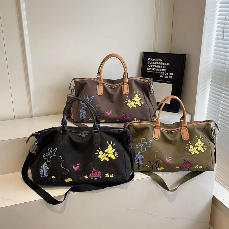 Colorful Cartoon Graffiti Pattern Women's Boston Travel Clothes Bags Large Capacity Shoulder Duffle Bag Canvas Crossbody Handbag